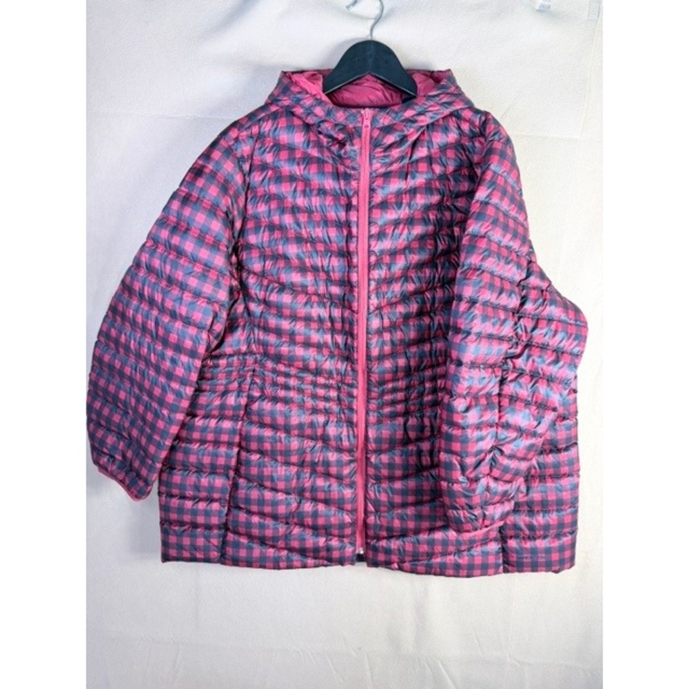 Lands' End Women's 3X Packable Down Puffer Coat Pink Plaid Hooded